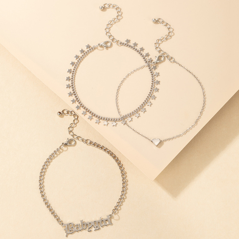 Tocona Charms Heart Letter kulkšnys moterims vyrams Sidabro spalvos lydinio metalo kutas pėdų grandinėlė Boho papuošalai 3vnt/komplektas 16929