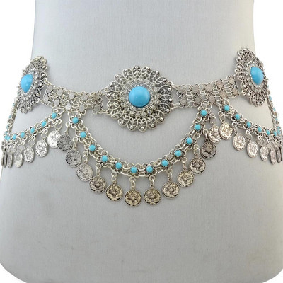 Gypsy Metal Hippie Boho Flower Turcă Boemă Shimmy Rochie Curea de dans din buric Lanț de talie Monede Sexy Body Afgan Indian Bijuterii