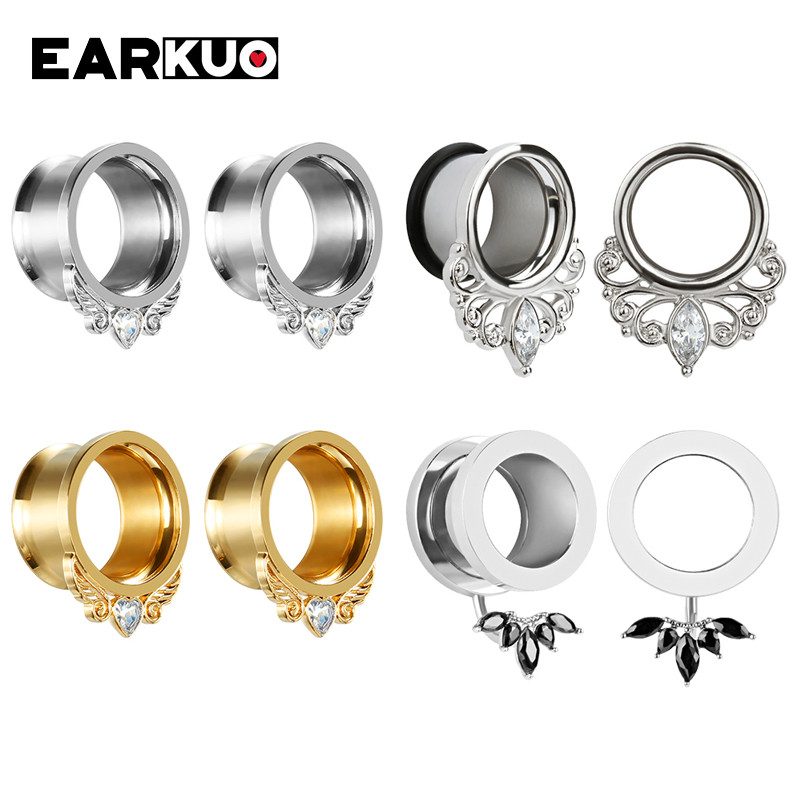 EARKUO Ultimele dopuri de piercing pentru urechi din oțel inoxidabil, tuneluri, extensii, bijuterii pentru corp, cercei, calibre 2 buc 6-25 mm