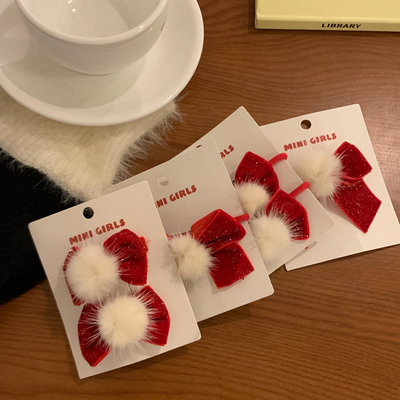 2 buc/lot Anul Nou Minge de blană de nurcă Arc cu sclipici Coarda de păr pentru accesorii pentru fete Suporturi pentru coadă de cal Benzi de păr elastice din cauciuc