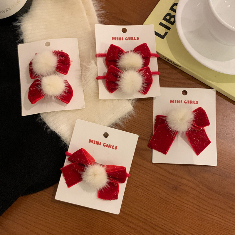 2 buc/lot Anul Nou Minge de blană de nurcă Arc cu sclipici Coarda de păr pentru accesorii pentru fete Suporturi pentru coadă de cal Benzi de păr elastice din cauciuc