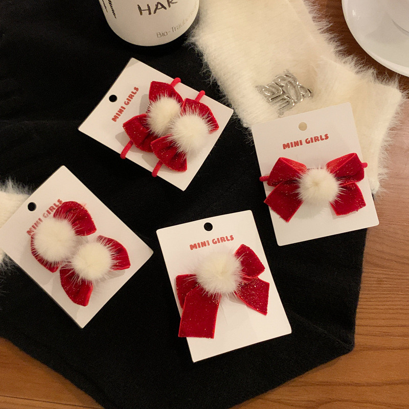 2 buc/lot Anul Nou Minge de blană de nurcă Arc cu sclipici Coarda de păr pentru accesorii pentru fete Suporturi pentru coadă de cal Benzi de păr elastice din cauciuc