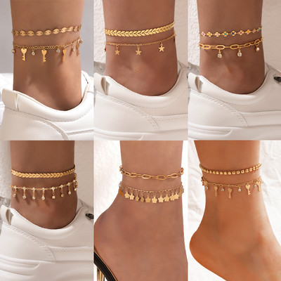 Tocona Charms Key Anklet Wafer Spīdīgs Rhinestone pēdu ķēde Regulējama Bohemian Rotaslieta Dāvana Sievietēm Vīriešiem 2gab/komplekts 21470