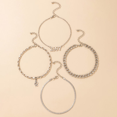 Tocona Bohemian Snake Anklets for Women Charms 1997 Letter Argintiu Din aliaj Metal Lanț pentru picioare Accesorii pentru bijuterii 4buc/seturi