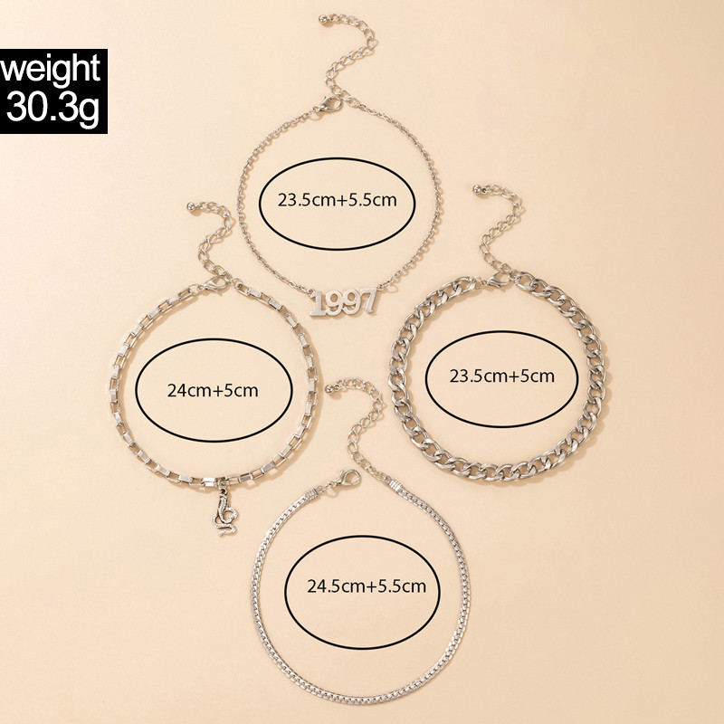 Tocona Bohemian Snake Anklets for Women Charms 1997 Letter Argintiu Din aliaj Metal Lanț pentru picioare Accesorii pentru bijuterii 4buc/seturi