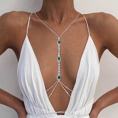 Нова мода Изумрудено зелена кристална верига за гърдите Сутиени Верига Бижута за тяло за жени Модерни секси верига за тяло със стрази Плажно парти