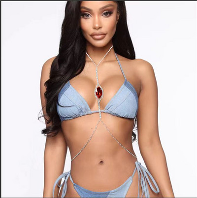 Нова мода Изумрудено зелена кристална верига за гърдите Сутиени Верига Бижута за тяло за жени Модерни секси верига за тяло със стрази Плажно парти