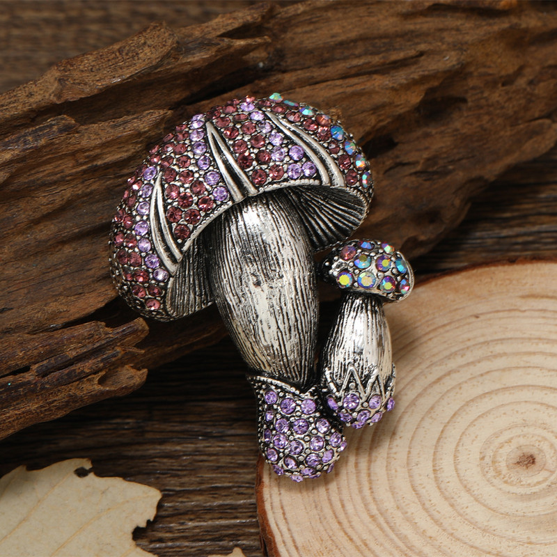 Broșe duble ciuperci cu stras Morkopela pentru femei și bărbați Clip de eșarfă cu legume vintage, broșă creativă drăguță, bijuterii