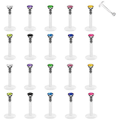20 τμχ Tragus Retainer Clear Lip Studs Εύκαμπτο ακρυλικό 2mm CZ Gem Labret Monroe Δαχτυλίδι για τα χείλη/Tragus/Helix/Σκουλαρίκι σκουλαρίκι χόνδρου