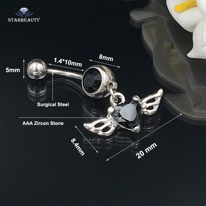 Starbeauty Angel Love Wing Srce Piercing za pupak Ombligo Crni cirkon Prsteni za pupak Prsten za piercing na trbuhu Nakit za bušenje ušiju