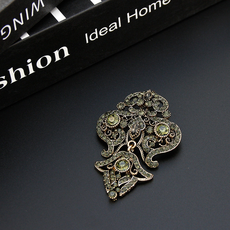 Suns[icems Broșă turcească de epocă, broșă pentru femei, culoarea aurului antic, mireasa indiană, bijuterii de nuntă, ace flori de cristal gri