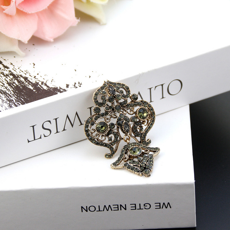 Suns[icems Broșă turcească de epocă, broșă pentru femei, culoarea aurului antic, mireasa indiană, bijuterii de nuntă, ace flori de cristal gri