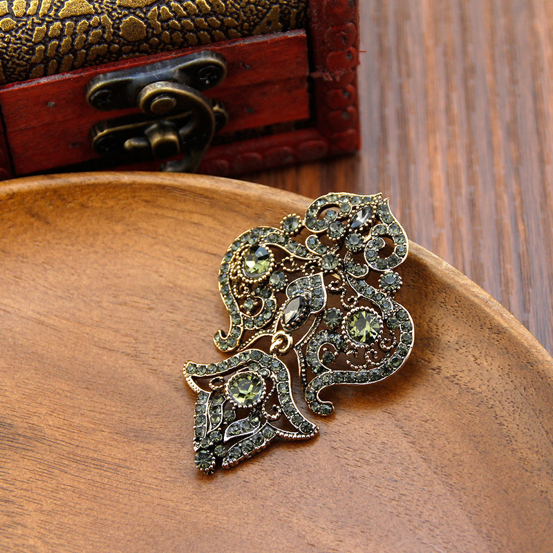 Suns[icems Broșă turcească de epocă, broșă pentru femei, culoarea aurului antic, mireasa indiană, bijuterii de nuntă, ace flori de cristal gri