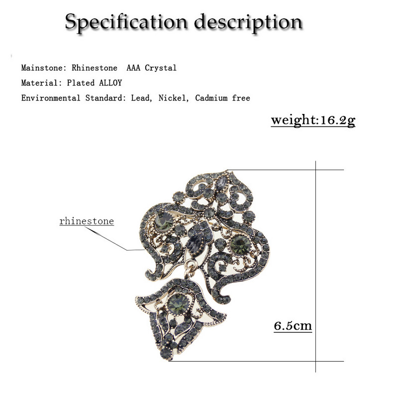 Suns[icems Broșă turcească de epocă, broșă pentru femei, culoarea aurului antic, mireasa indiană, bijuterii de nuntă, ace flori de cristal gri