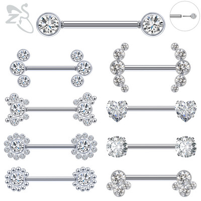 ZS 1 PC Plug-in stílusú rozsdamentes acél mellbimbó gyűrű virág szív CZ kristály mellbimbó piercingek női test piercing ékszer 14G