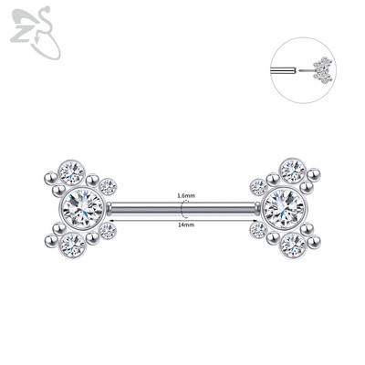 ZS 1 PC Plug-in Style Prsten za bradavice od nehrđajućeg čelika Cvjetno srce CZ Kristalni piercinzi za bradavice za žene Nakit za piercing tijela 14G