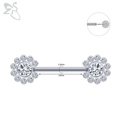 ZS 1 PC Plug-in Style Prsten za bradavice od nehrđajućeg čelika Cvjetno srce CZ Kristalni piercinzi za bradavice za žene Nakit za piercing tijela 14G