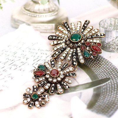 Sunspicems Broșă turcească de epocă Pin cu stras complet Corsaj de flori de culoare aurie antică Bijuterii de nuntă etnice Cadou de banchet