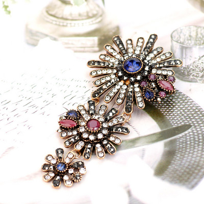 Sunspicems Broșă turcească de epocă Pin cu stras complet Corsaj de flori de culoare aurie antică Bijuterii de nuntă etnice Cadou de banchet