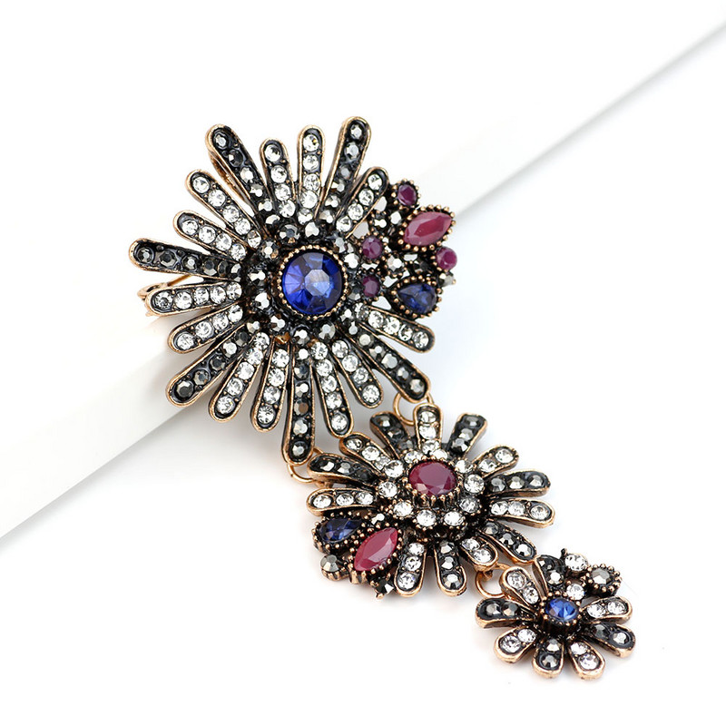 Sunspicems Broșă turcească de epocă Pin cu stras complet Corsaj de flori de culoare aurie antică Bijuterii de nuntă etnice Cadou de banchet
