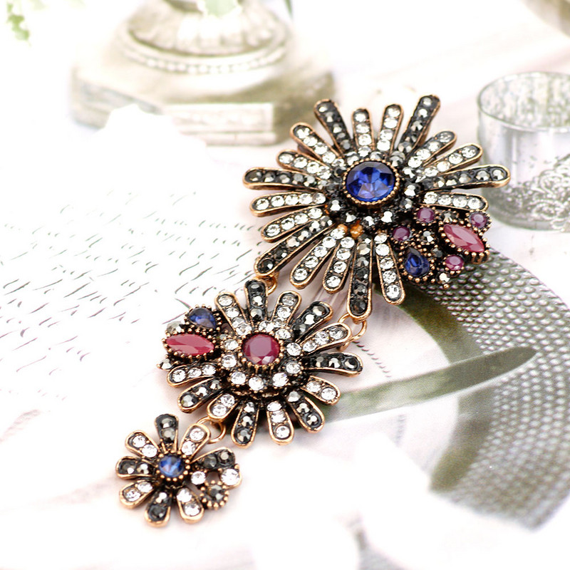 Sunspicems Broșă turcească de epocă Pin cu stras complet Corsaj de flori de culoare aurie antică Bijuterii de nuntă etnice Cadou de banchet