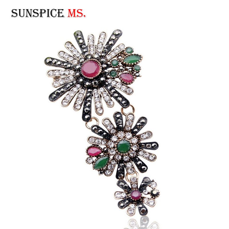 Sunspicems Broșă turcească de epocă Pin cu stras complet Corsaj de flori de culoare aurie antică Bijuterii de nuntă etnice Cadou de banchet