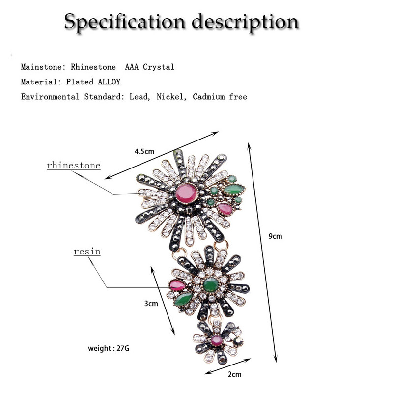 Sunspicems Broșă turcească de epocă Pin cu stras complet Corsaj de flori de culoare aurie antică Bijuterii de nuntă etnice Cadou de banchet