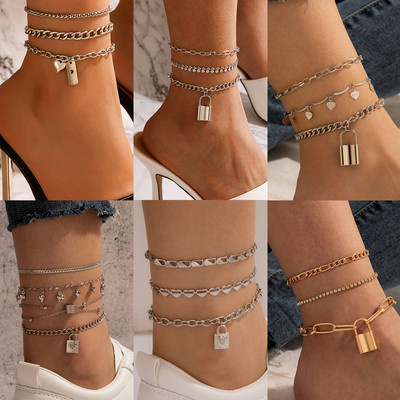 Tocona Punk Thick Chain Lock Глезени Прекрасно сърце Блестящ кристален камък Боси сандали Крака за жени Мъже Бохемски бижута