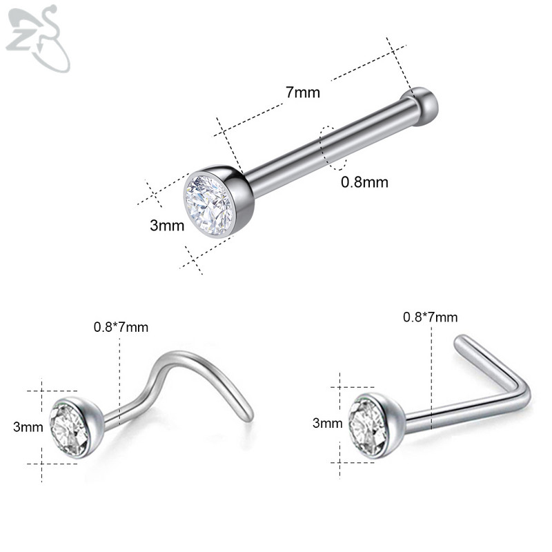 ZS 20 buc/lot 20G Set de inele colorate pentru nas Piercinguri pentru nas din oțel inoxidabil 3MM rotund CZ Bijuterii de fixare a osului Bijuterii pentru piercing