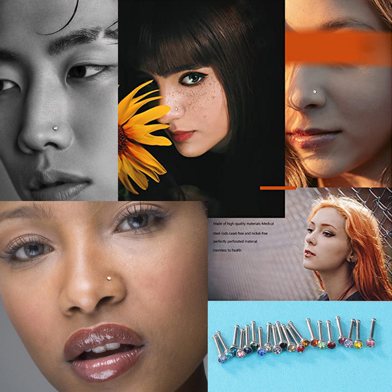 ZS 20 buc/lot 20G Set de inele colorate pentru nas Piercinguri pentru nas din oțel inoxidabil 3MM rotund CZ Bijuterii de fixare a osului Bijuterii pentru piercing