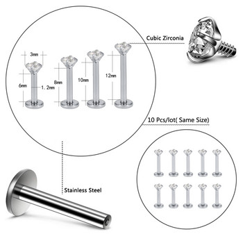 ZS 10 бр./лот Кръгъл CZ кристален пръстен за устни от неръждаема стомана 16 g Labret Monore Medusa Пиърсинг Пиърсинг на трагуса Helix 6/8/10/12MM