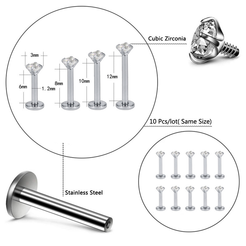 ZS 10 buc/lot rotund CZ Crystal Inel pentru buze din oțel inoxidabil 16g Labret Monore Medusa Piercing Ureche Tragus Helix Piercing 6/8/10/12MM