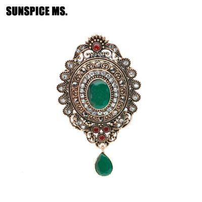SUNSPICE-MS Broșă de epocă Ace pentru femei de culoare aurie antică, picătură de apă, pandantiv din rășină, bijuterii etnice de nuntă, eșarfă cu rever, corsaj