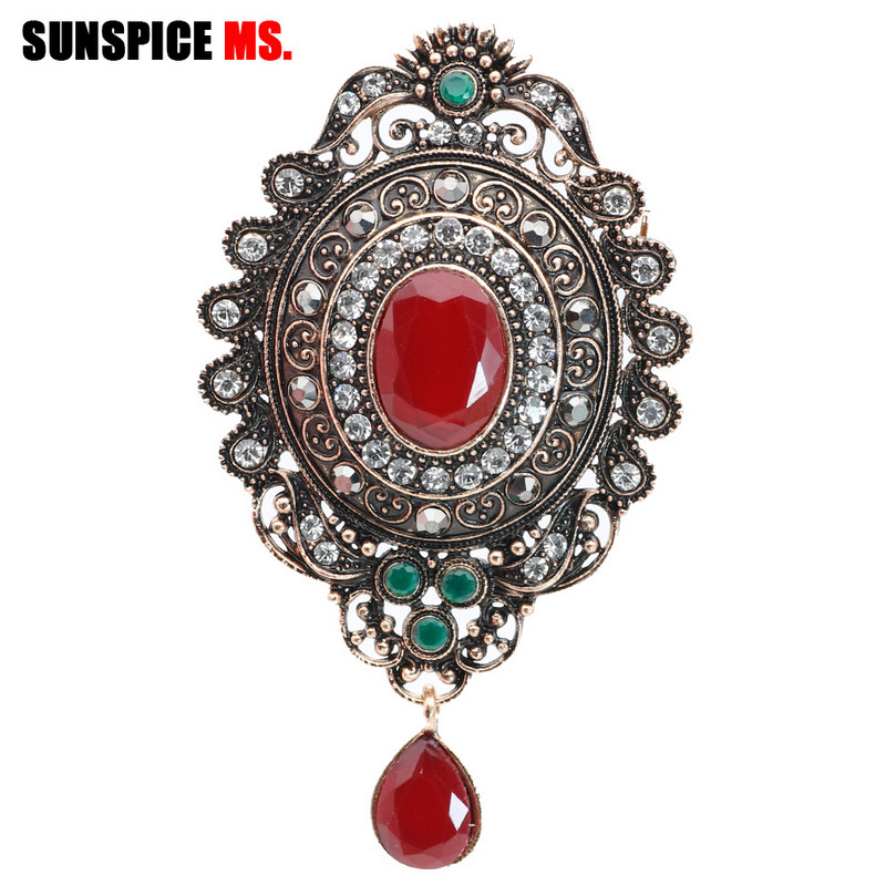 SUNSPICE-MS Broșă de epocă Ace pentru femei de culoare aurie antică, picătură de apă, pandantiv din rășină, bijuterii etnice de nuntă, eșarfă cu rever, corsaj