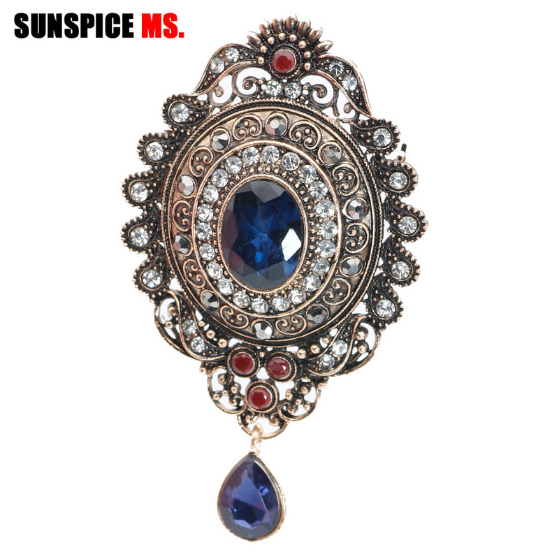 SUNSPICE-MS Broșă de epocă Ace pentru femei de culoare aurie antică, picătură de apă, pandantiv din rășină, bijuterii etnice de nuntă, eșarfă cu rever, corsaj