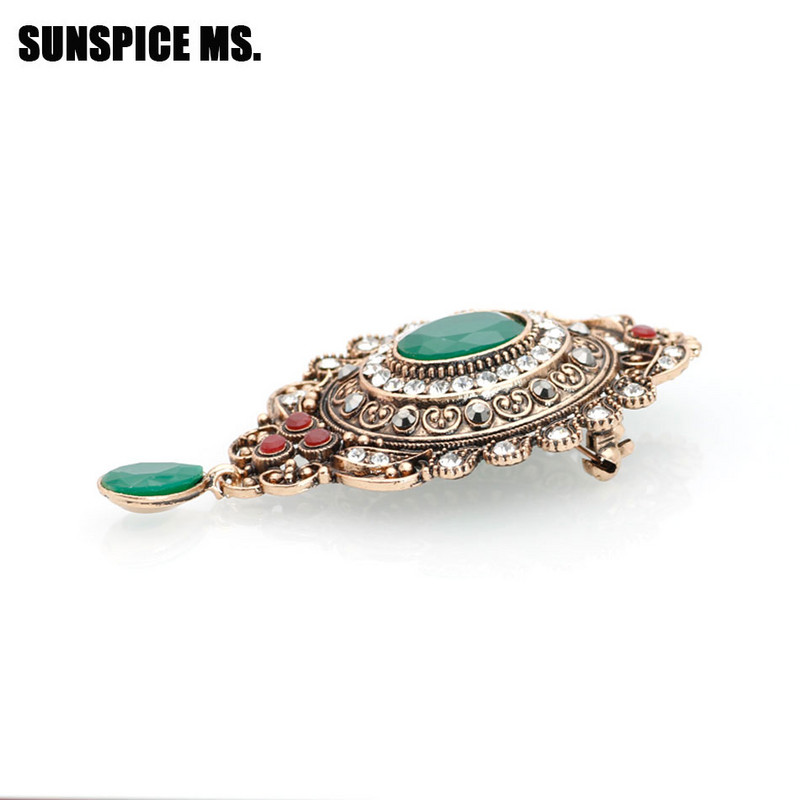 SUNSPICE-MS Broșă de epocă Ace pentru femei de culoare aurie antică, picătură de apă, pandantiv din rășină, bijuterii etnice de nuntă, eșarfă cu rever, corsaj