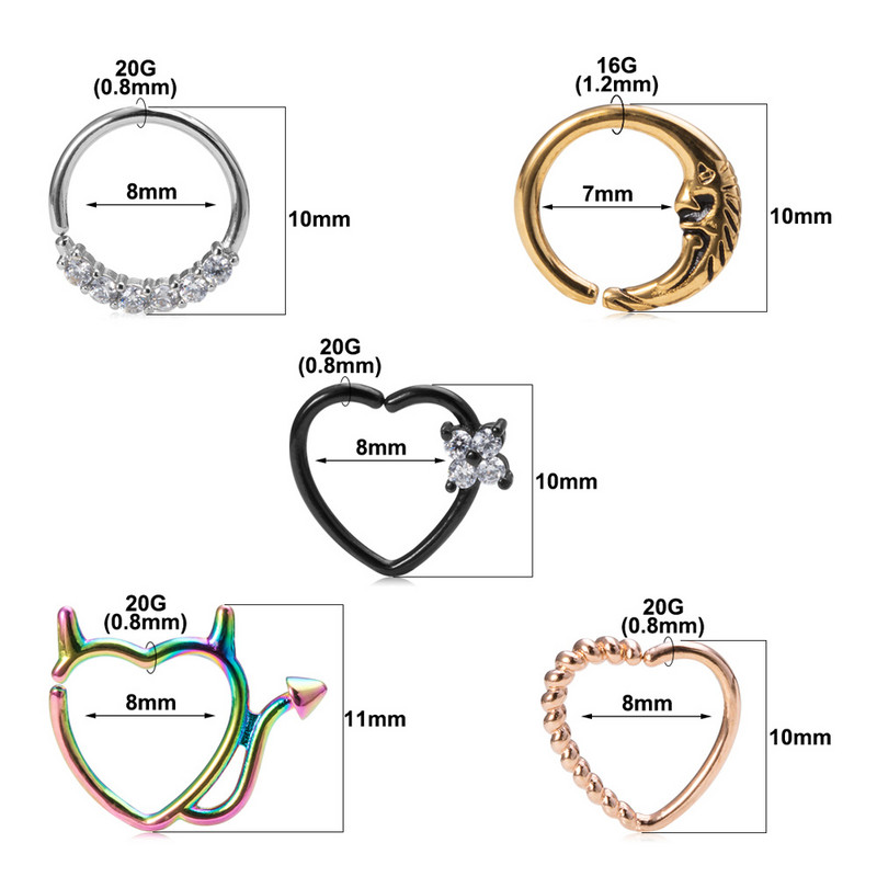 1PC Inimă Luna Alamă Zircon Inel pentru nas Cerc de cupru Daith Tragus Cartilaj Cercei Cercei Septum Piercing Bijuterii pentru femei