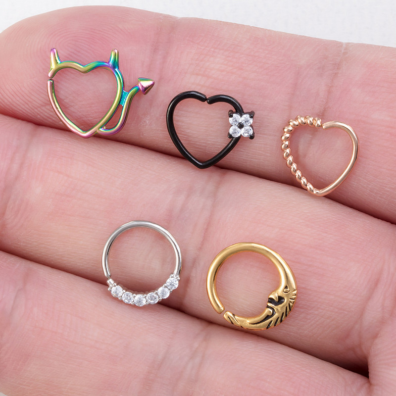 1PC Inimă Luna Alamă Zircon Inel pentru nas Cerc de cupru Daith Tragus Cartilaj Cercei Cercei Septum Piercing Bijuterii pentru femei