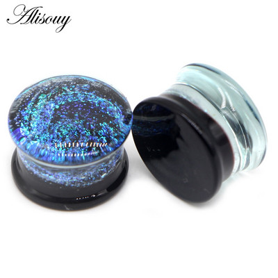 Alisouy 2 bucăți moda rotund albastru calea lactee sticlă piercing urechi dopuri Strechers cercei falși cadou romantic pentru unisex 6 mm până la 25 mm