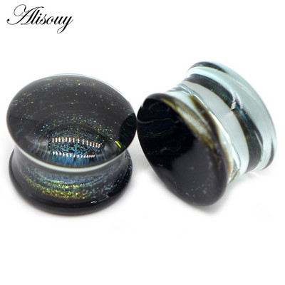 Alisouy 2 bucăți moda rotund albastru calea lactee sticlă piercing urechi dopuri Strechers cercei falși cadou romantic pentru unisex 6 mm până la 25 mm