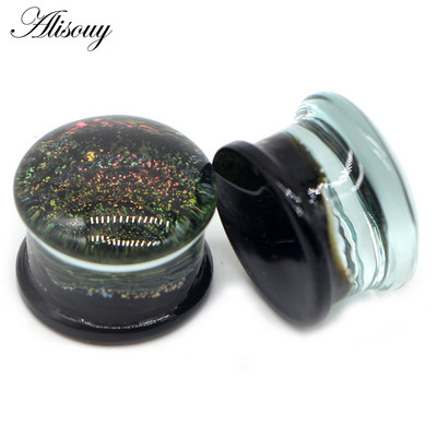 Alisouy 2 bucăți moda rotund albastru calea lactee sticlă piercing urechi dopuri Strechers cercei falși cadou romantic pentru unisex 6 mm până la 25 mm