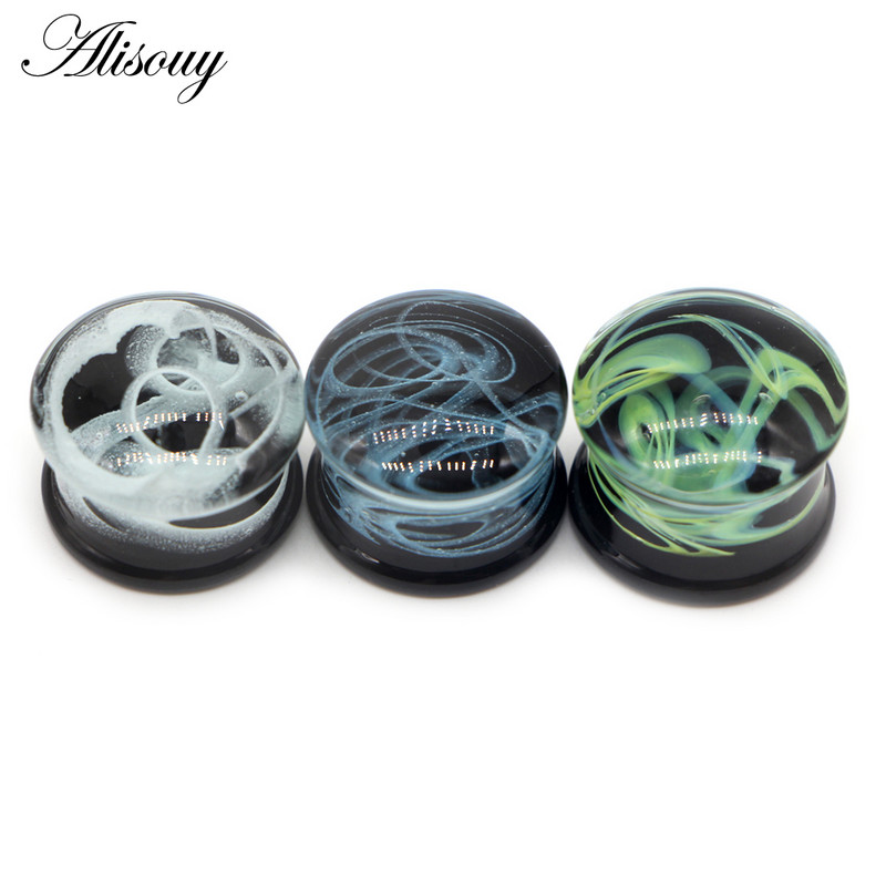 Alisouy 2 bucăți moda rotund albastru calea lactee sticlă piercing urechi dopuri Strechers cercei falși cadou romantic pentru unisex 6 mm până la 25 mm