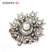 SUNSPICE MS, retro, culoare aurie, turcească, broșă cu flori pentru femei, cristal alb, banchet etnic, bijuterii indiene vintage, ace de rever pentru hijab