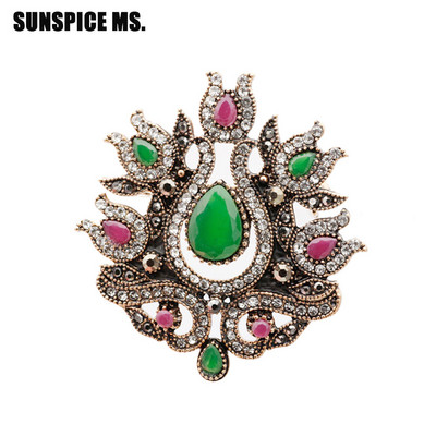 SUNSPICE MS, retro, culoare aurie, turcească, broșă cu flori pentru femei, cristal alb, banchet etnic, bijuterii indiene vintage, ace de rever pentru hijab