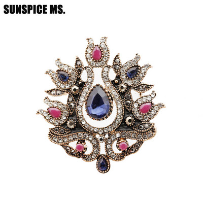 SUNSPICE MS, retro, culoare aurie, turcească, broșă cu flori pentru femei, cristal alb, banchet etnic, bijuterii indiene vintage, ace de rever pentru hijab