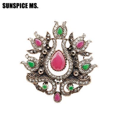 SUNSPICE MS, retro, culoare aurie, turcească, broșă cu flori pentru femei, cristal alb, banchet etnic, bijuterii indiene vintage, ace de rever pentru hijab