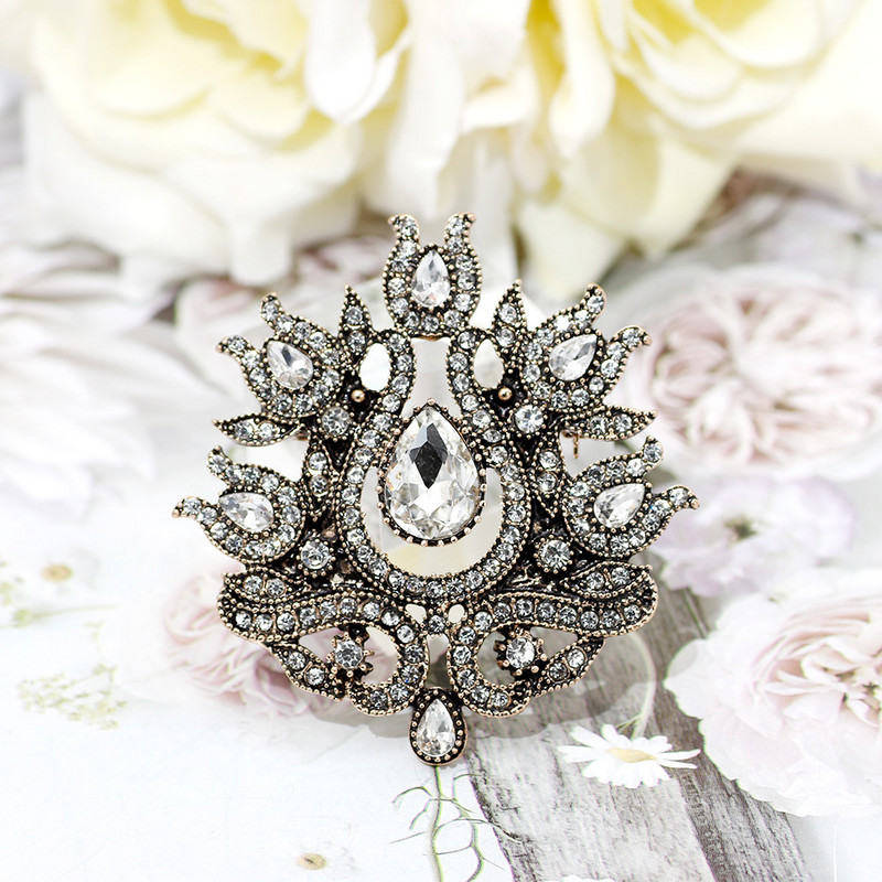 SUNSPICE MS, retro, culoare aurie, turcească, broșă cu flori pentru femei, cristal alb, banchet etnic, bijuterii indiene vintage, ace de rever pentru hijab