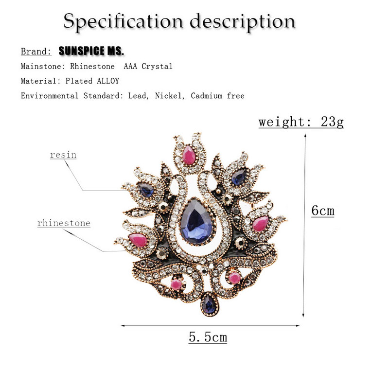 SUNSPICE MS, retro, culoare aurie, turcească, broșă cu flori pentru femei, cristal alb, banchet etnic, bijuterii indiene vintage, ace de rever pentru hijab