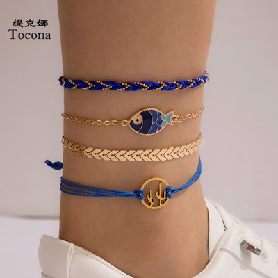 Tocona 4gab./komplekts Boho Blue Rope Anklets Sievietēm Vīriešiem Lovely Fish Dobs Kaktuss Ģeometrijas Lapu Pēdu Ķēdes Rotaslietas 16592