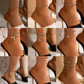 Tocona Inimă Boemă Fluture gleznă pentru femei Brelocuri ciucuri de culoare argintie aliaj de flori de metal lanț pentru picioare accesorii de bijuterii